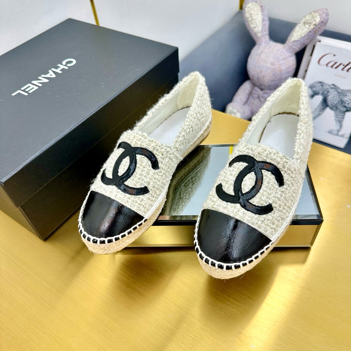 CC ESPADRILLES PLATFORM 25S IN WHITE TWEED MIX BLACK GLOSSY LEATHER