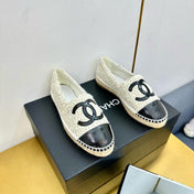 CC ESPADRILLES PLATFORM 25S IN WHITE TWEED MIX BLACK GLOSSY LEATHER