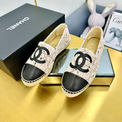 CC ESPADRILLES PLATFORM 25S IN LIGHT BEIGE TWEED MIX BLACK CALFSKIN WITH LINED PATTERN