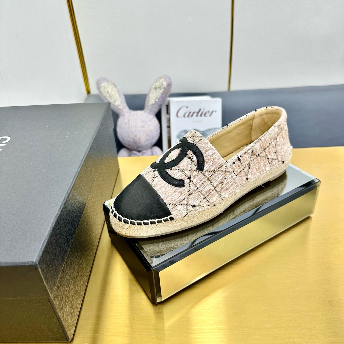 CC ESPADRILLES PLATFORM 25S IN LIGHT BEIGE TWEED MIX BLACK CALFSKIN WITH LINED PATTERN