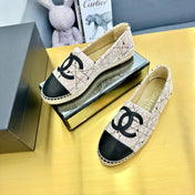 CC ESPADRILLES PLATFORM 25S IN LIGHT BEIGE TWEED MIX BLACK CALFSKIN WITH LINED PATTERN