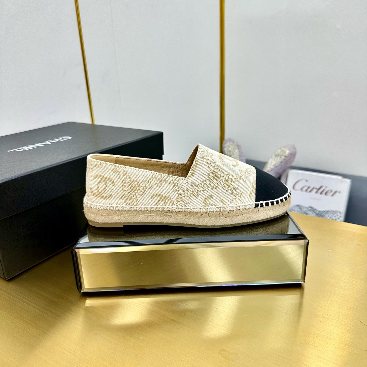 CC ESPADRILLES PLATFORM IN MOSSY BROWN MIX BLACK PATTERN FABRIC