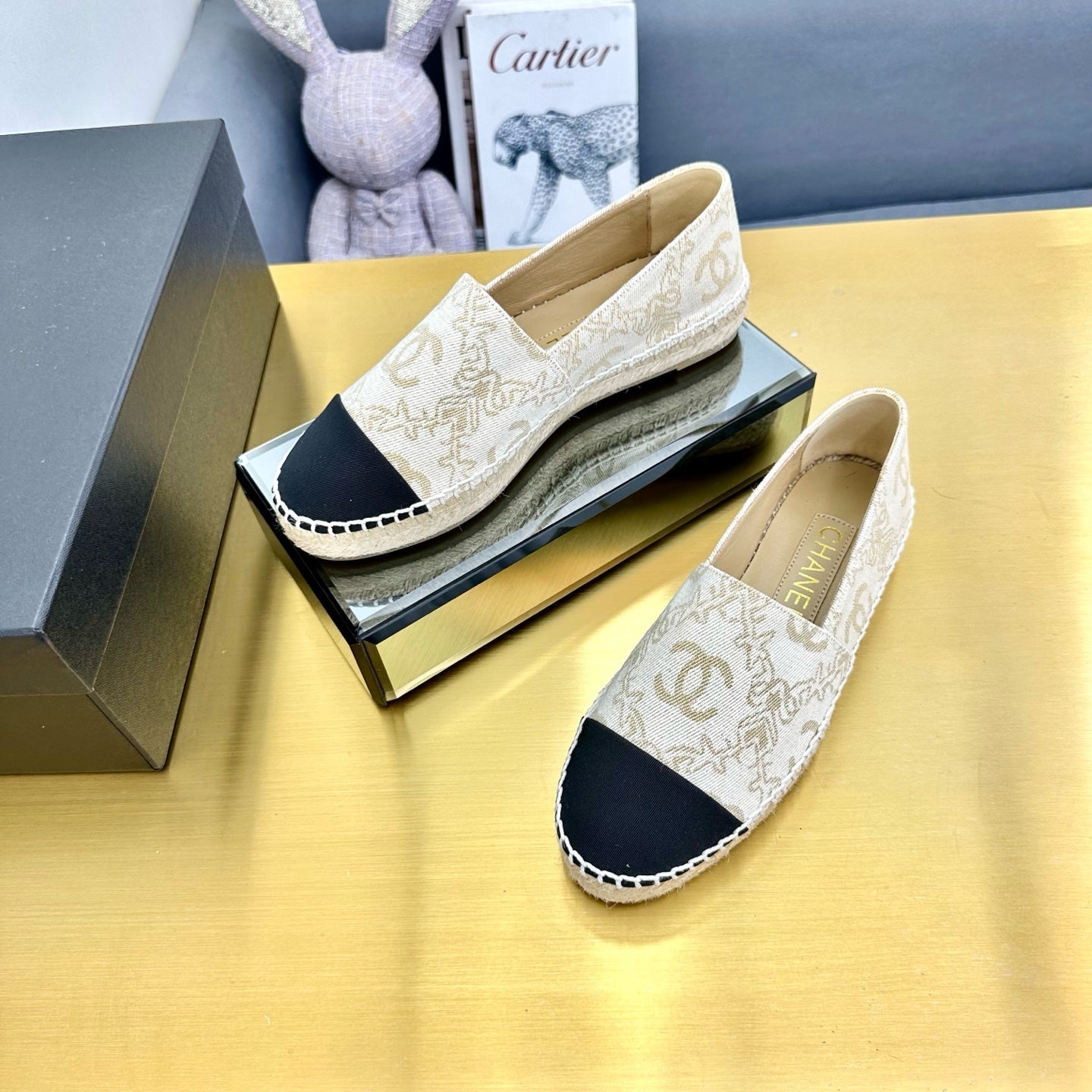 CC ESPADRILLES PLATFORM IN MOSSY BROWN MIX BLACK PATTERN FABRIC