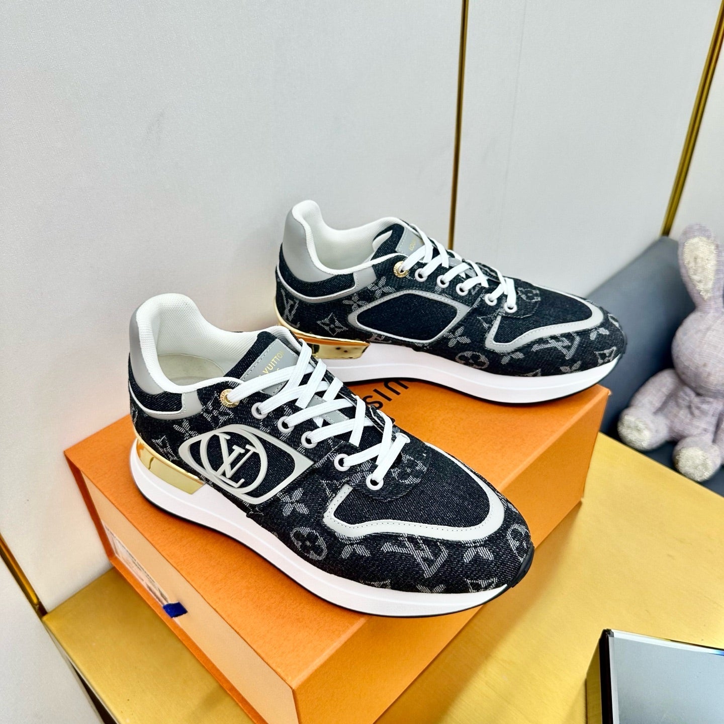 NEO RUN AWAY SNEAKER IN BLACK MONOGRAM DENIM FABRIC