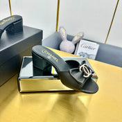 BOWKNOT RHINESTONES MID HEEL MULE IN BLACK CALFSKIN