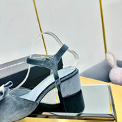 BOWKNOT RHINESTONES MID HEEL SANDAL IN STONE BLUE VELVET