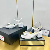 BOWKNOT RHINESTONES MID HEEL SANDAL IN WHITE LAMBSKIN