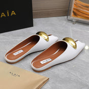 ALAIA FLAT MULE IN WHITE LAMBSKIN WITH GOLD HARDWARE