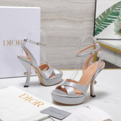 DIOR PEARL-EMBELLISHED HIGH HEEL SANDALS 25S 115 MM IN SILVER SATIN
