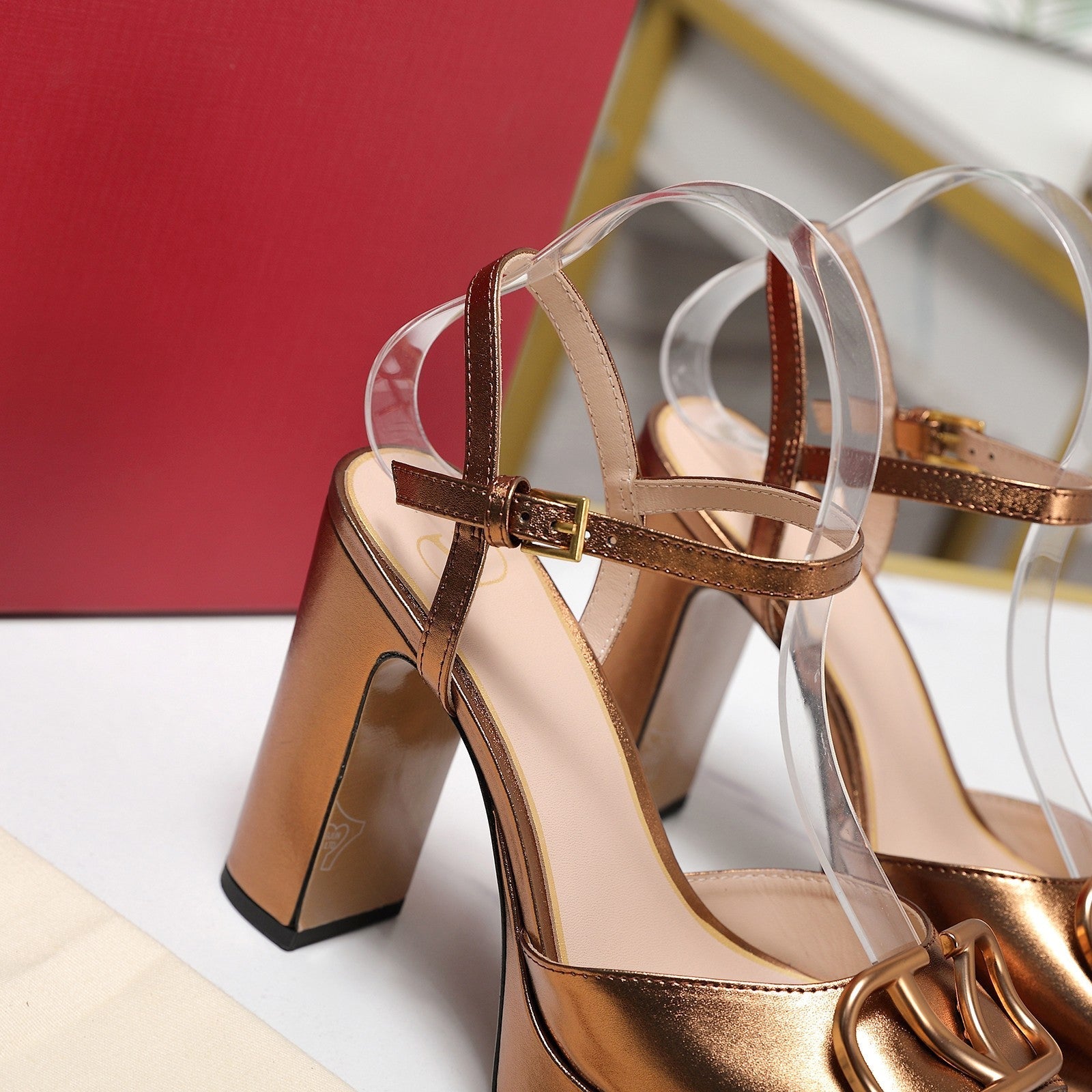 VALENTINO 25S GARAVANI VLOGO SIGNATURE HIGH-HEEL SANDALS 110 MM IN METALLIC COPPER CALFSKIN