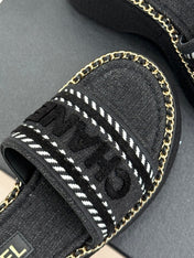 THICK SOLE WEDGE SLIPPERS IN BLACK DENIM FABRIC