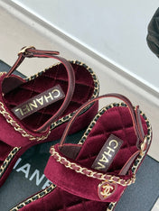 THICK-SOLED CHAIN HEART SANDAL IN PLUM PURPLE VELVET