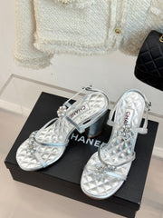 HIGH HEELS SANDAL IN SILVER LAMBSKIN PEARL FLOWERS