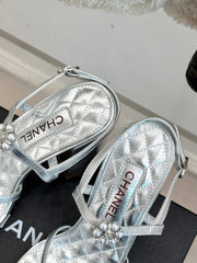 HIGH HEELS SANDAL IN SILVER LAMBSKIN PEARL FLOWERS