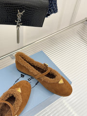 PRADA 25S MARY JANE FLATS IN BROWN SUEDE WITH GOLD HARDWARE