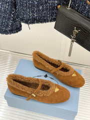 PRADA 25S MARY JANE FLATS IN BROWN SUEDE WITH GOLD HARDWARE