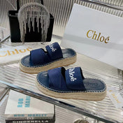 CHLOÉ MILA PLATFORM 5 CM IN NAVY BLUE FABRIC AND BEIGE RAFFIA