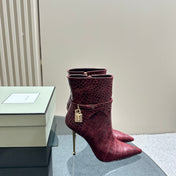 PADLOCK 10 CM ANKLE BOOTS IN BURGUNDY RED CROCODILE-EMBOSSED CALFSKIN
