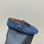 ALAIA CRYSTAL EMBELLISHED BALLET FLATS IN NAVY BLUE SUEDE
