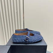 ALAIA CRYSTAL EMBELLISHED BALLET FLATS IN NAVY BLUE SUEDE
