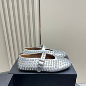 ALAIA CRYSTAL EMBELLISHED BALLET FLATS IN SILVER CALFSKIN