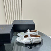 ALAIA CRYSTAL EMBELLISHED BALLET FLATS IN SILVER CALFSKIN