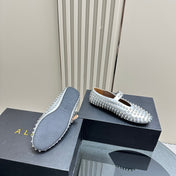 ALAIA CRYSTAL EMBELLISHED BALLET FLATS IN SILVER CALFSKIN