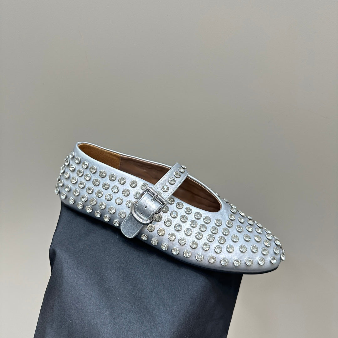 ALAIA CRYSTAL EMBELLISHED BALLET FLATS IN SILVER CALFSKIN