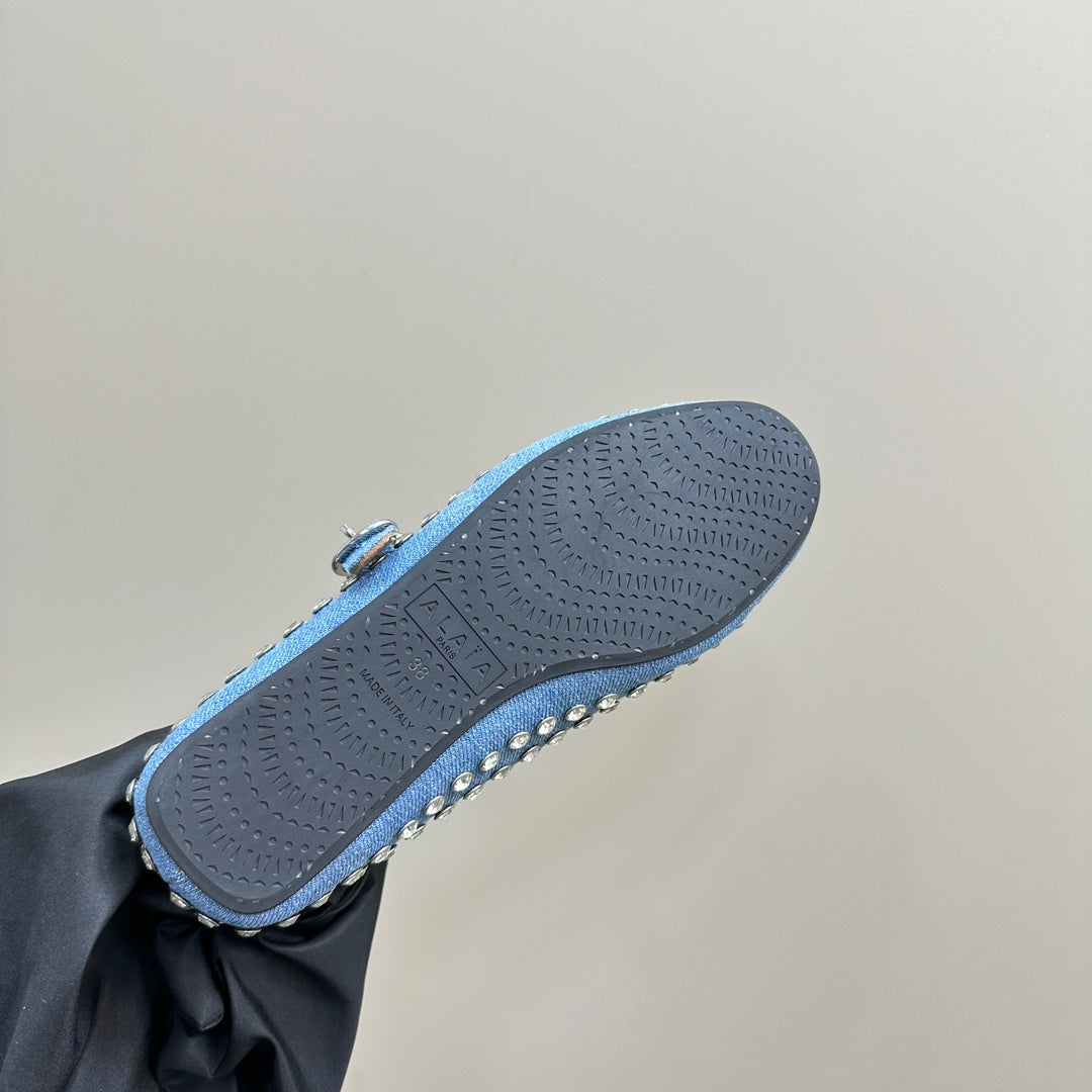 ALAIA CRYSTAL EMBELLISHED BALLET FLATS IN LIGHT BLUE DENIM
