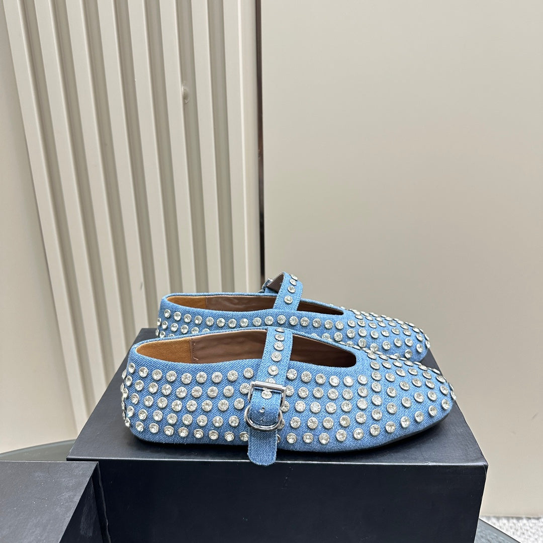 ALAIA CRYSTAL EMBELLISHED BALLET FLATS IN LIGHT BLUE DENIM