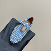 ALAIA CRYSTAL EMBELLISHED BALLET FLATS IN LIGHT BLUE DENIM