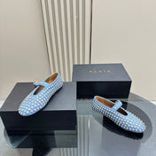 ALAIA CRYSTAL EMBELLISHED BALLET FLATS IN LIGHT BLUE DENIM