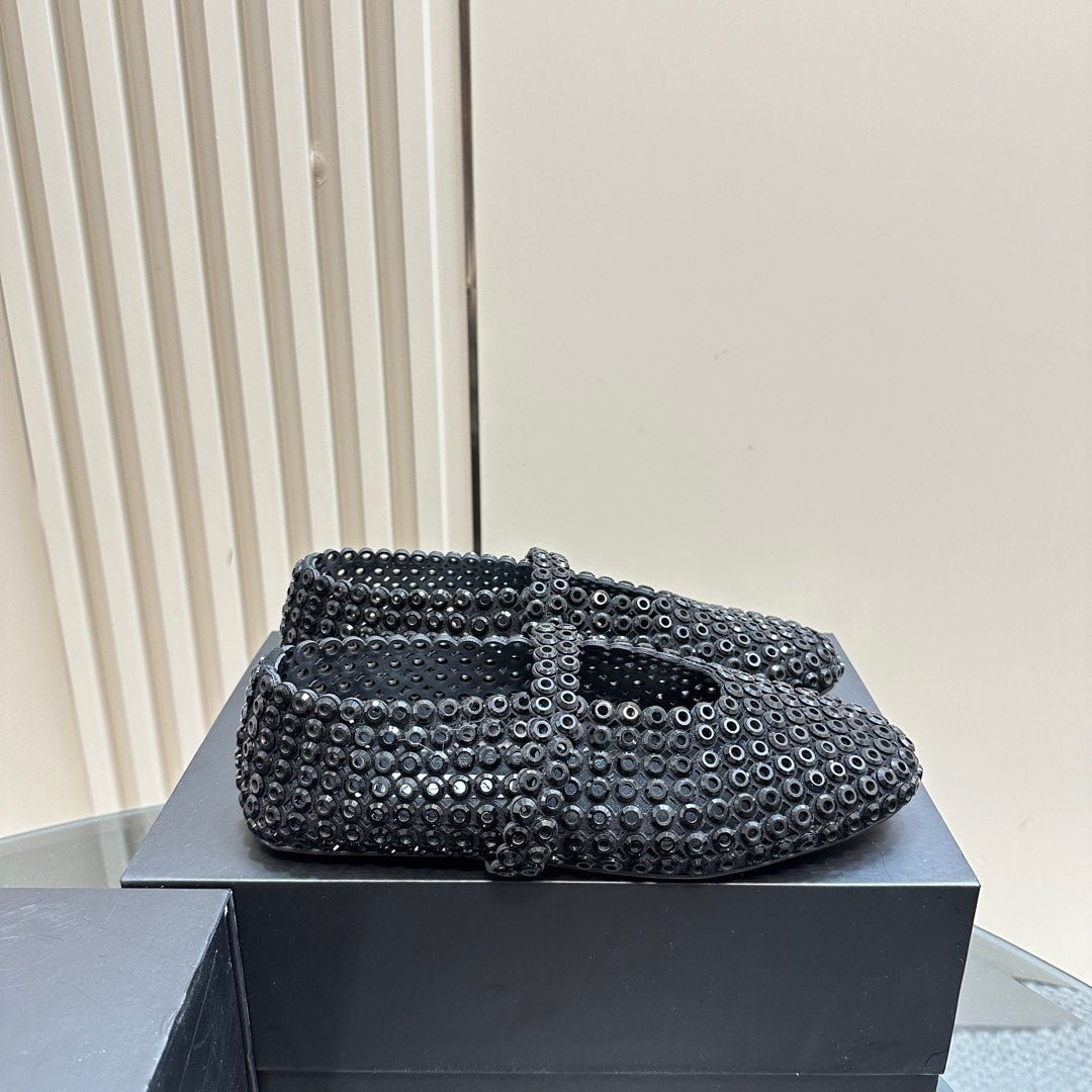 BALLET FLATS IN GLASS EYELET SUEDE GOATSKIN BLACK