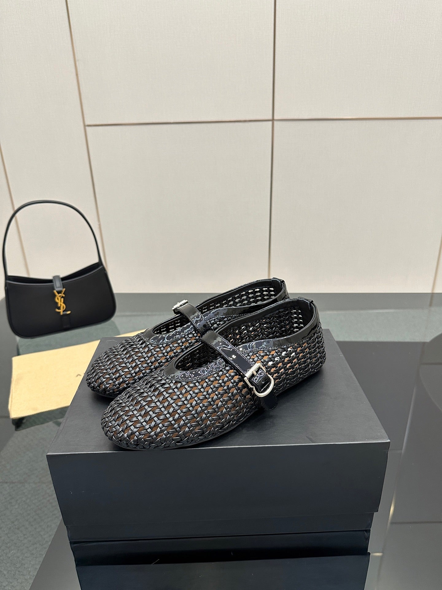 ALAIA MARY JANE FLAT 25S IN BLACK WOVEN MESH