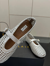 ALAIA MARY JANE FLAT 25S IN SILVER WOVEN MESH
