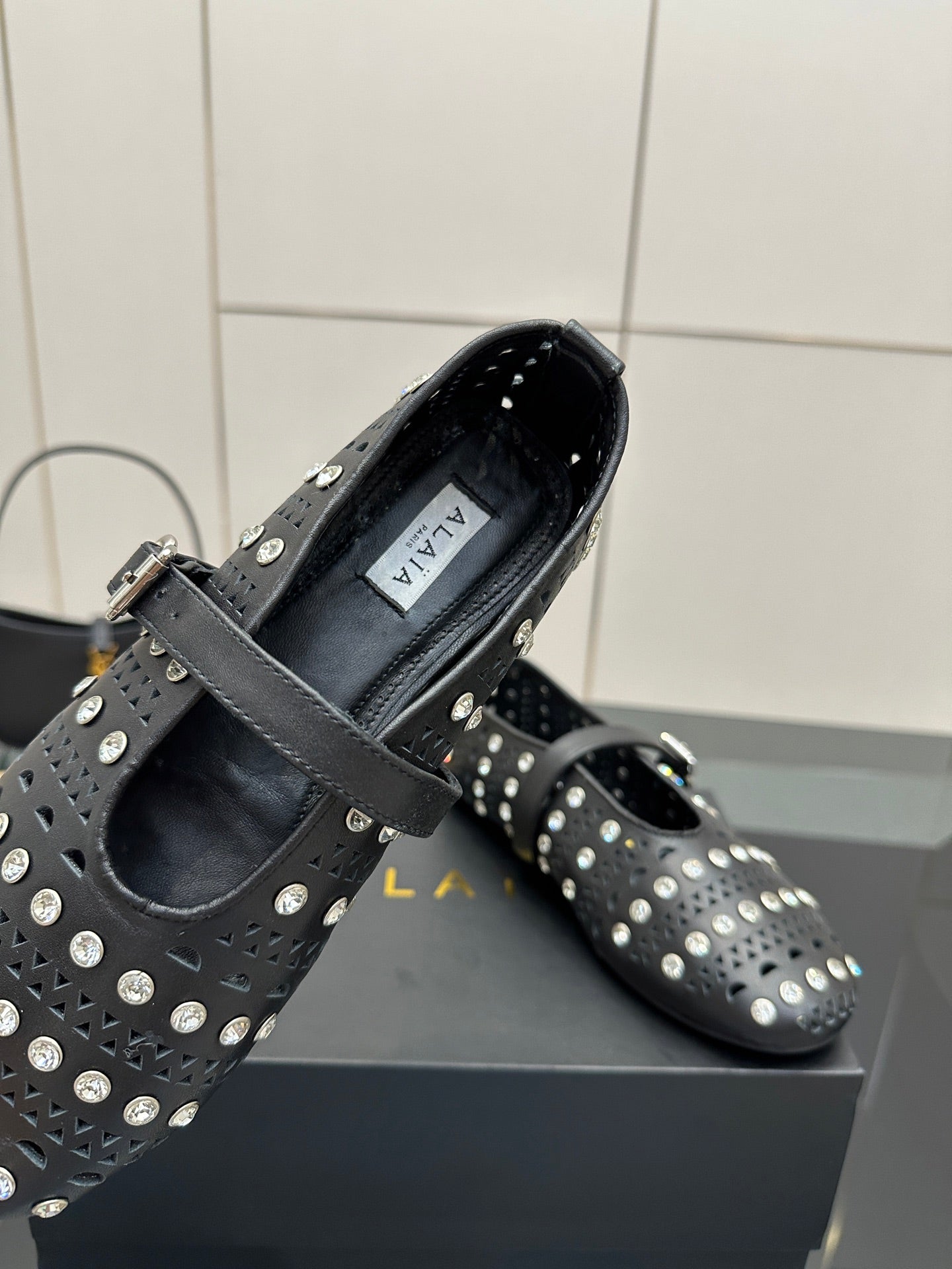 ALAIA BALLET SHOES 25S IN BLACK LAMBSKIN WITH CRYSTAL DETAILING