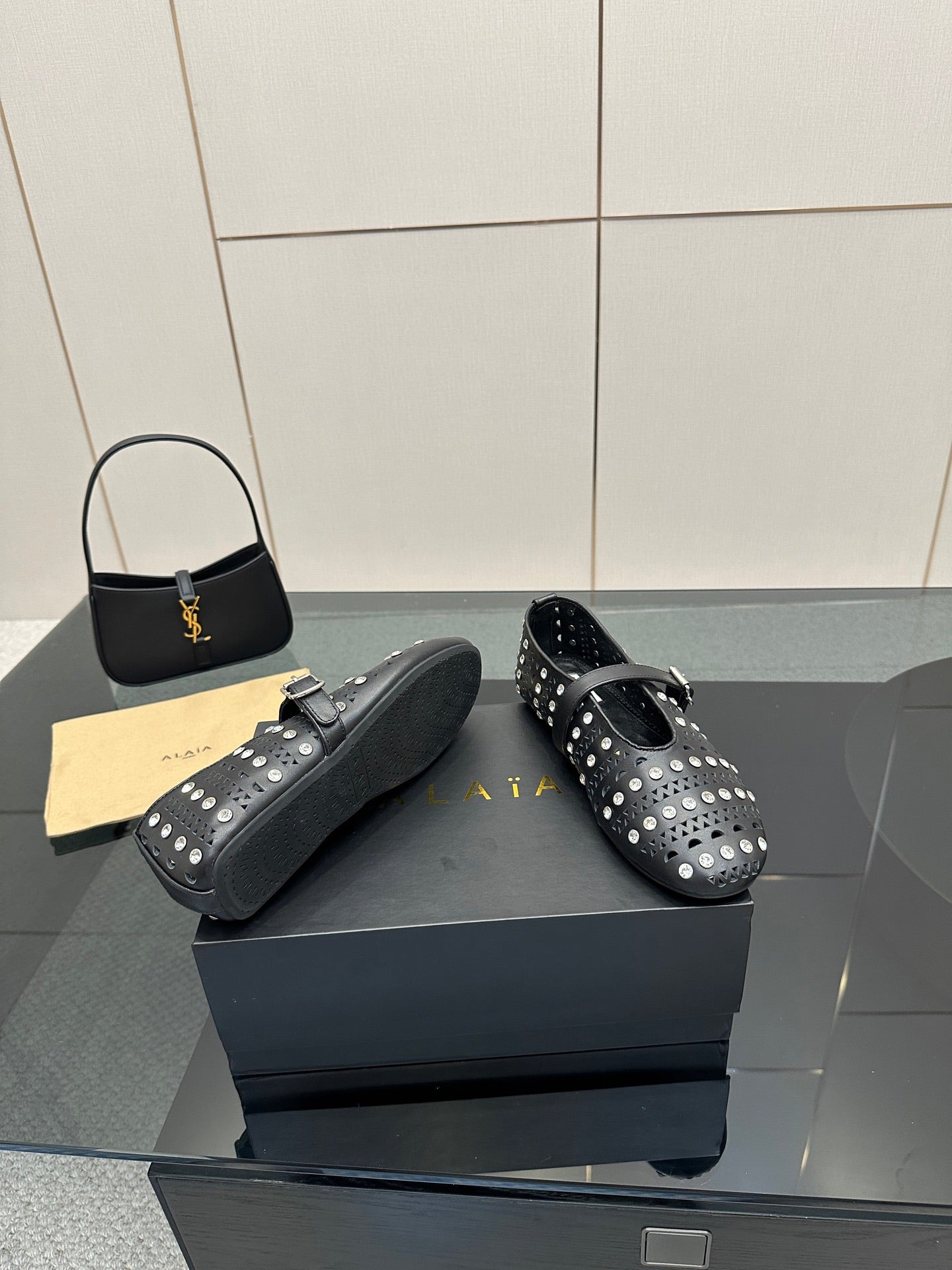 ALAIA BALLET SHOES 25S IN BLACK LAMBSKIN WITH CRYSTAL DETAILING