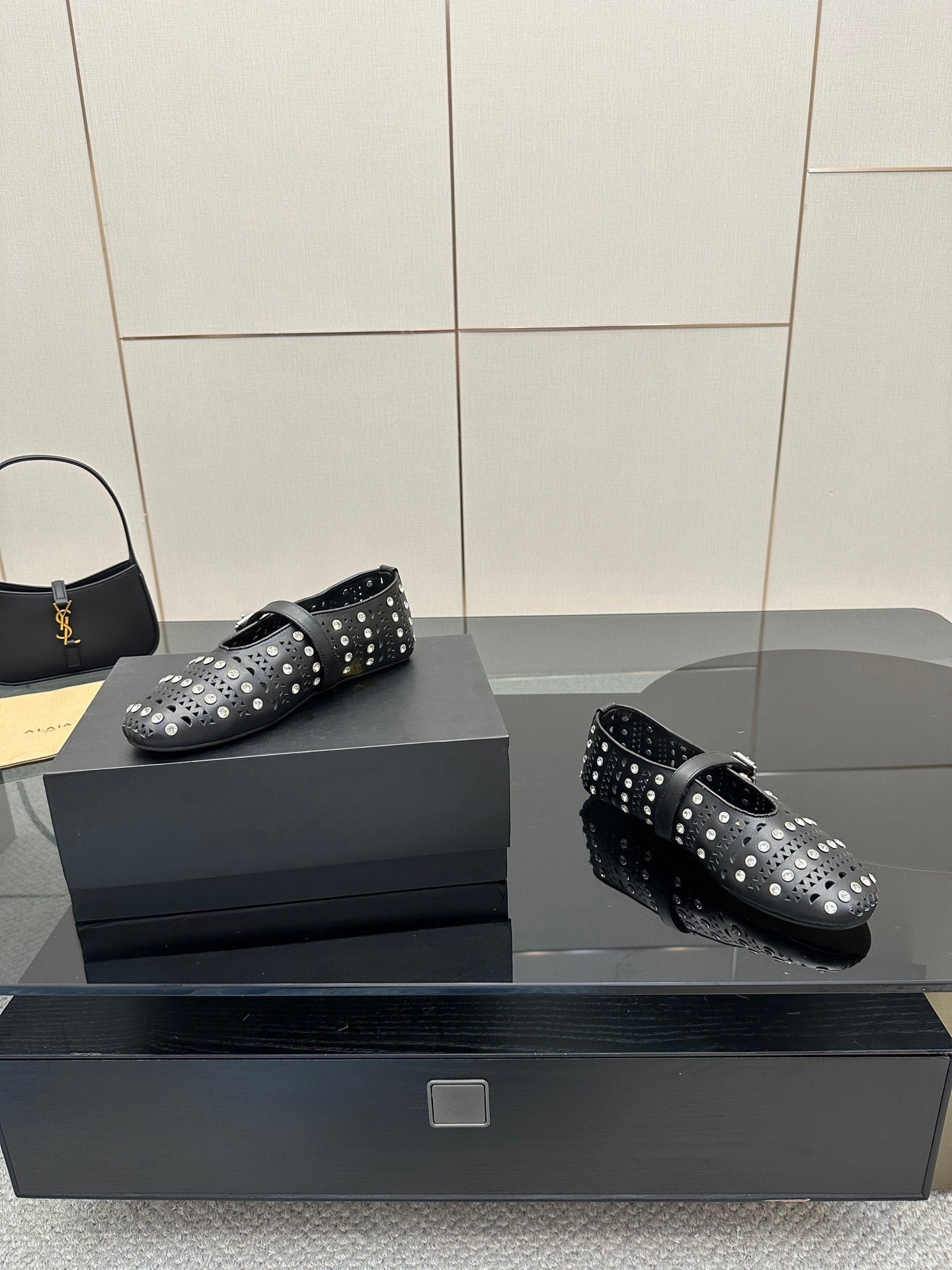 ALAIA BALLET SHOES 25S IN BLACK LAMBSKIN WITH CRYSTAL DETAILING