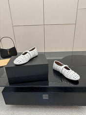 ALAIA BALLET SHOES 25S IN WHITE LAMBSKIN WITH CRYSTAL DETAILING