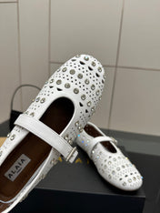 ALAIA BALLET SHOES 25S IN WHITE LAMBSKIN WITH CRYSTAL DETAILING