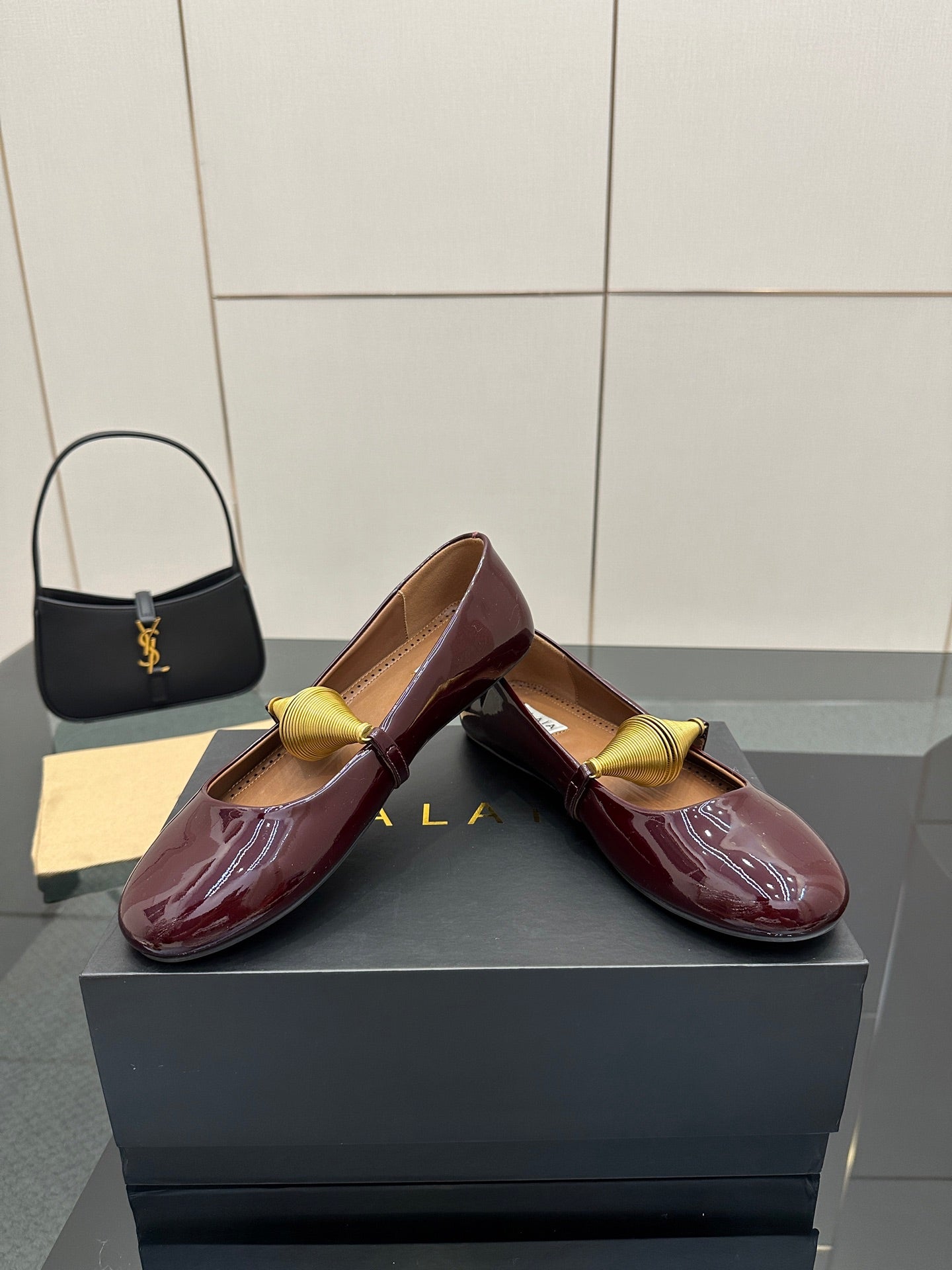 ALAIA BALLET SHOES 25S IN DARK RED PATENT LEATHER WITH GOLD HARDWARE