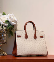 KELLY  SELLIER 25 BAG IN WHITE MIX RED BROWN OSTRICH LEATHER