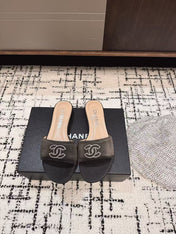 SLIPPERS IN BLACK SATIN MIX CALFSKIN