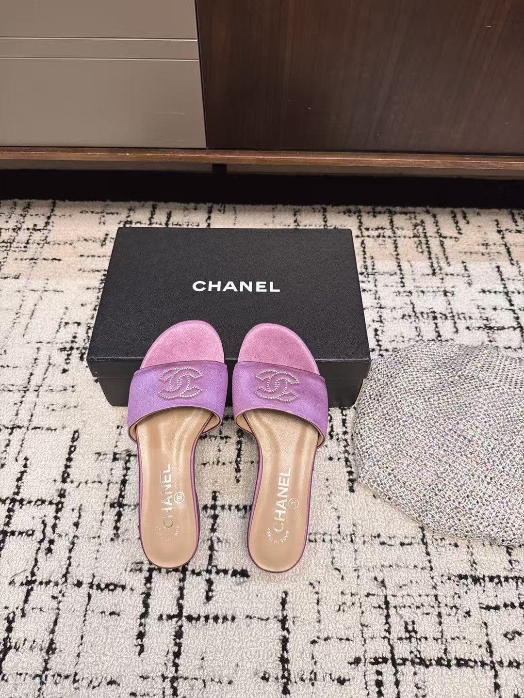 SLIPPERS IN LILAC PURPLE SATIN MIX CALFSKIN