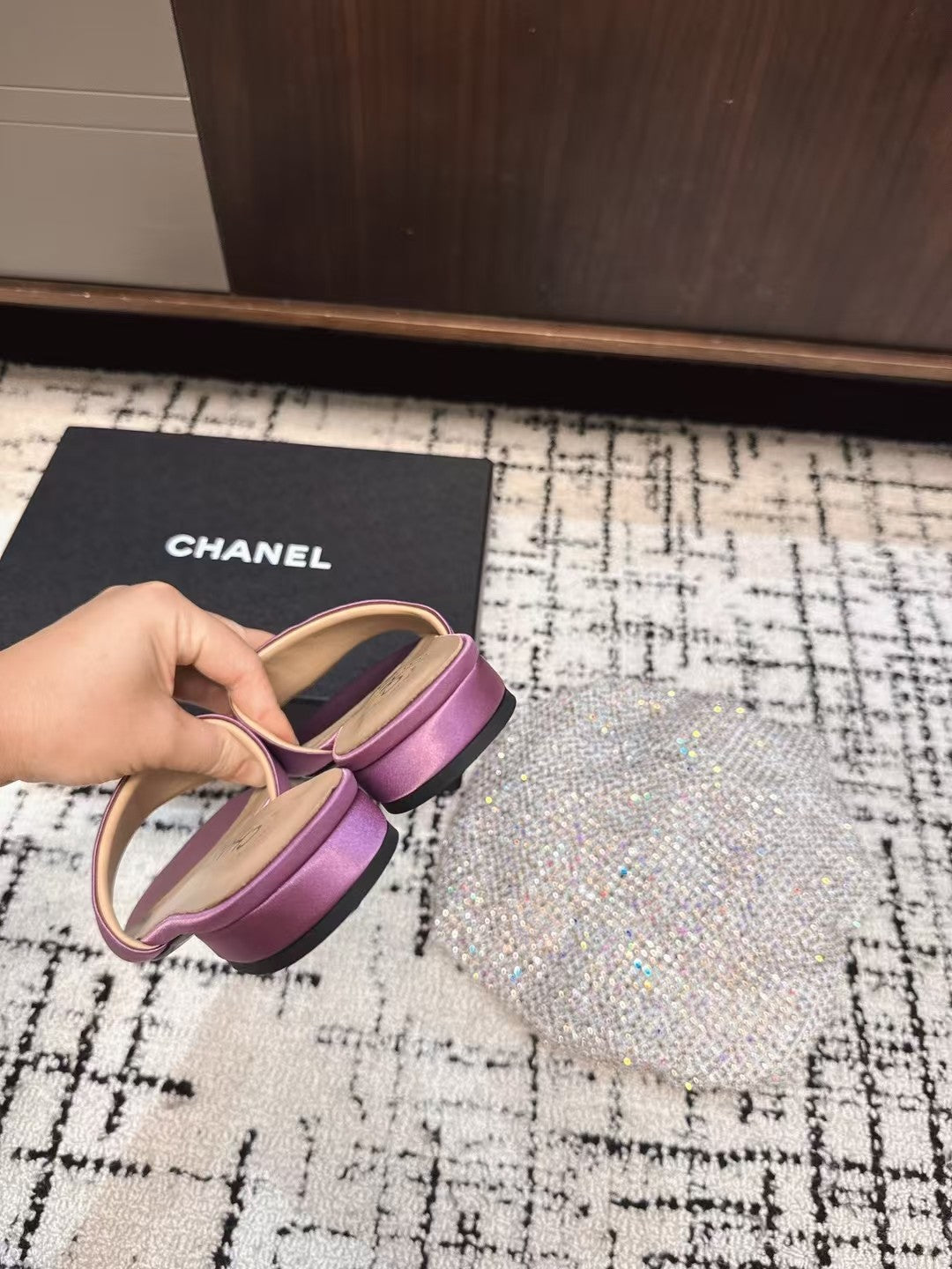 SLIPPERS IN LILAC PURPLE SATIN MIX CALFSKIN