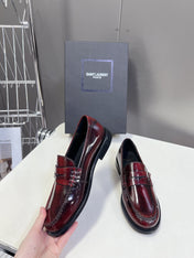 YSL 25S SAINT LAURENT LOAFERS IN TORTOISESHELL CRIMSON GLOSSY CALFSKIN