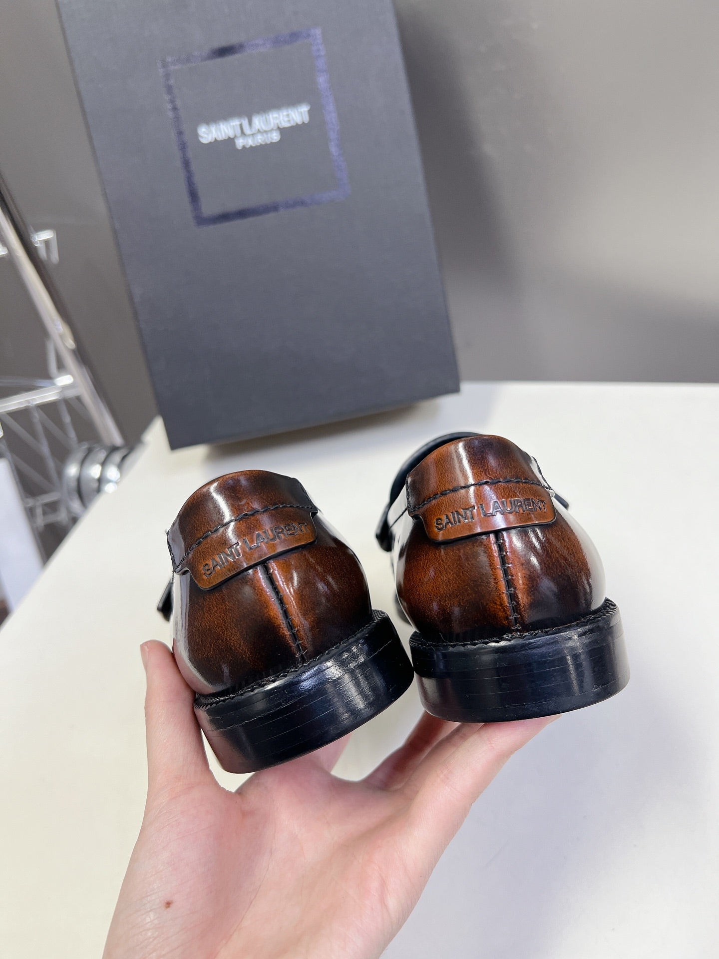 YSL 25S SAINT LAURENT LOAFERS IN TORTOISESHELL BROWN GLOSSY CALFSKIN