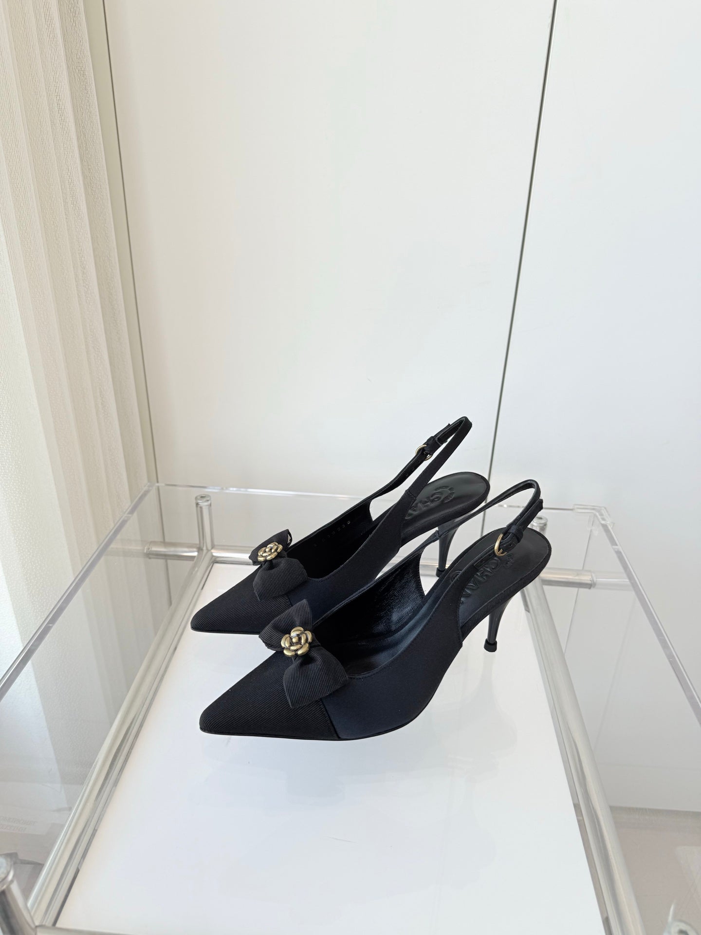 SLINGBACKS 80 MM IN BLACK CALFSKIN MIX CANVAS