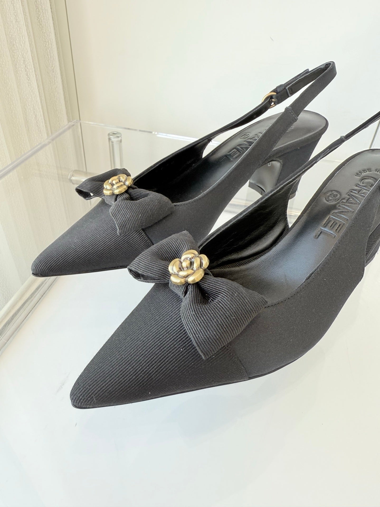 SLINGBACKS 65 MM IN BLACK CALFSKIN MIX CANVAS