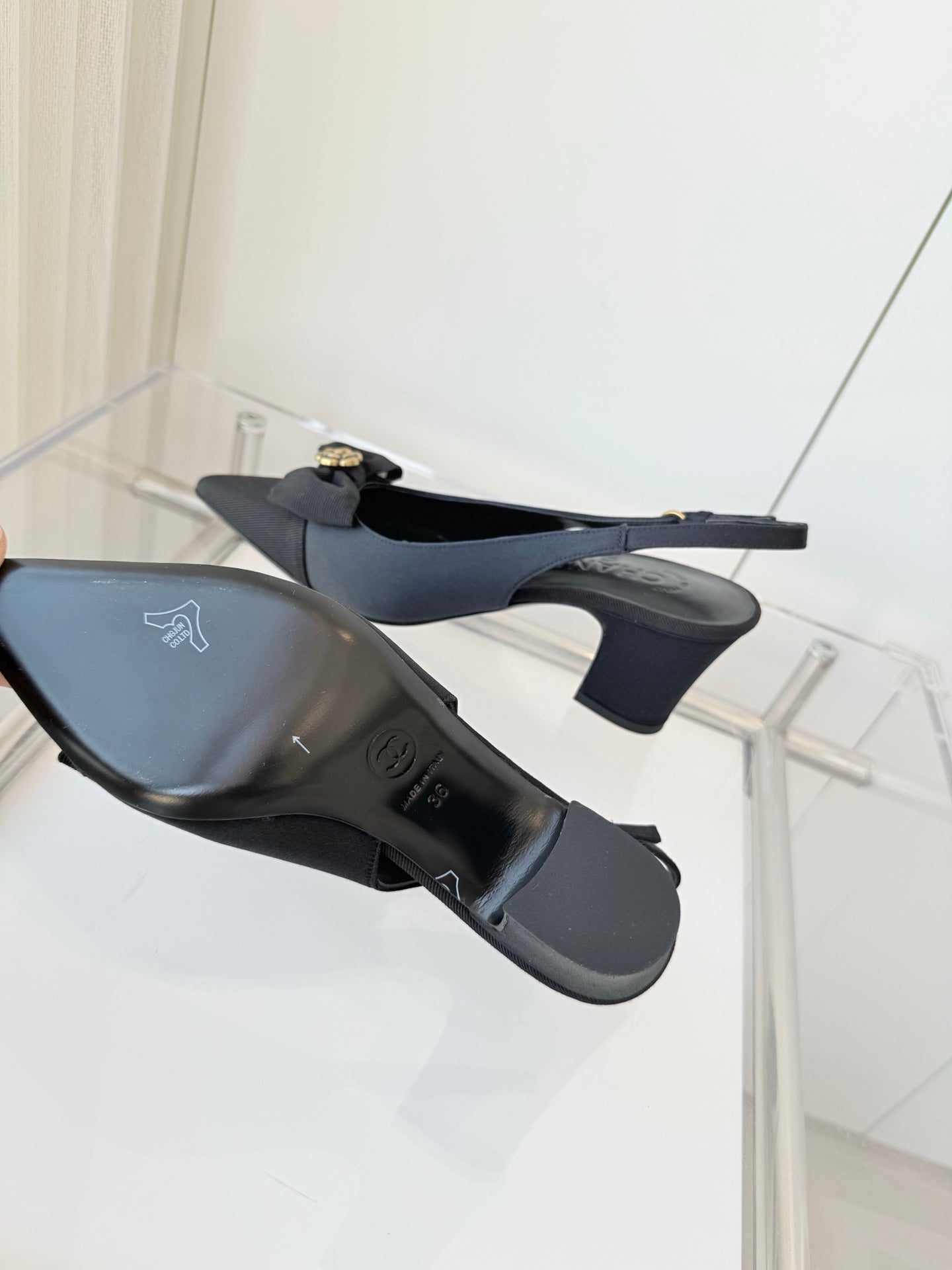 SLINGBACKS 65 MM IN BLACK CALFSKIN MIX CANVAS